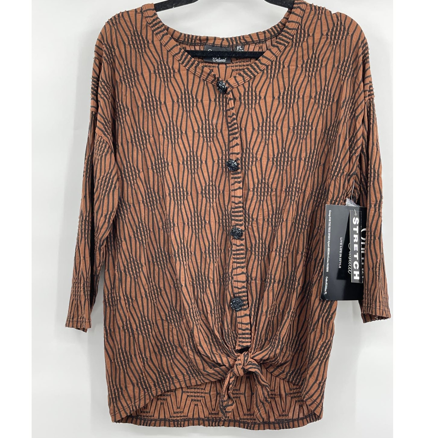 Onque Casual Womens Textured Stretch Top 3/4 Sleeves Brown Black Petite Large Pl